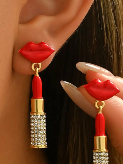 Stainless Steel Resin Lips Lipstick Rhinestone Earrings — detail view — Livostyle