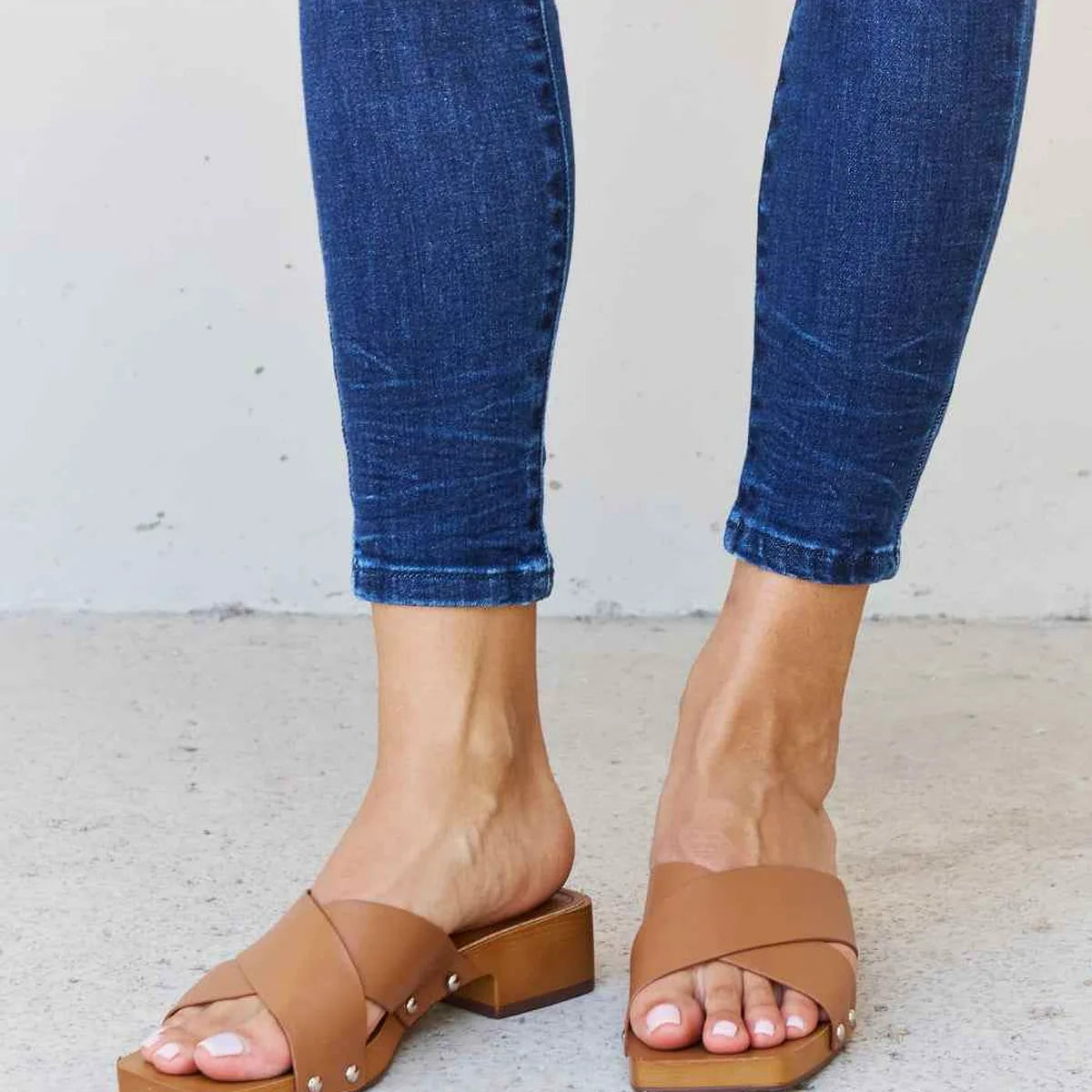 Step Into Summer Criss Cross Wooden Clog Mule in Brown — square view — Livostyle