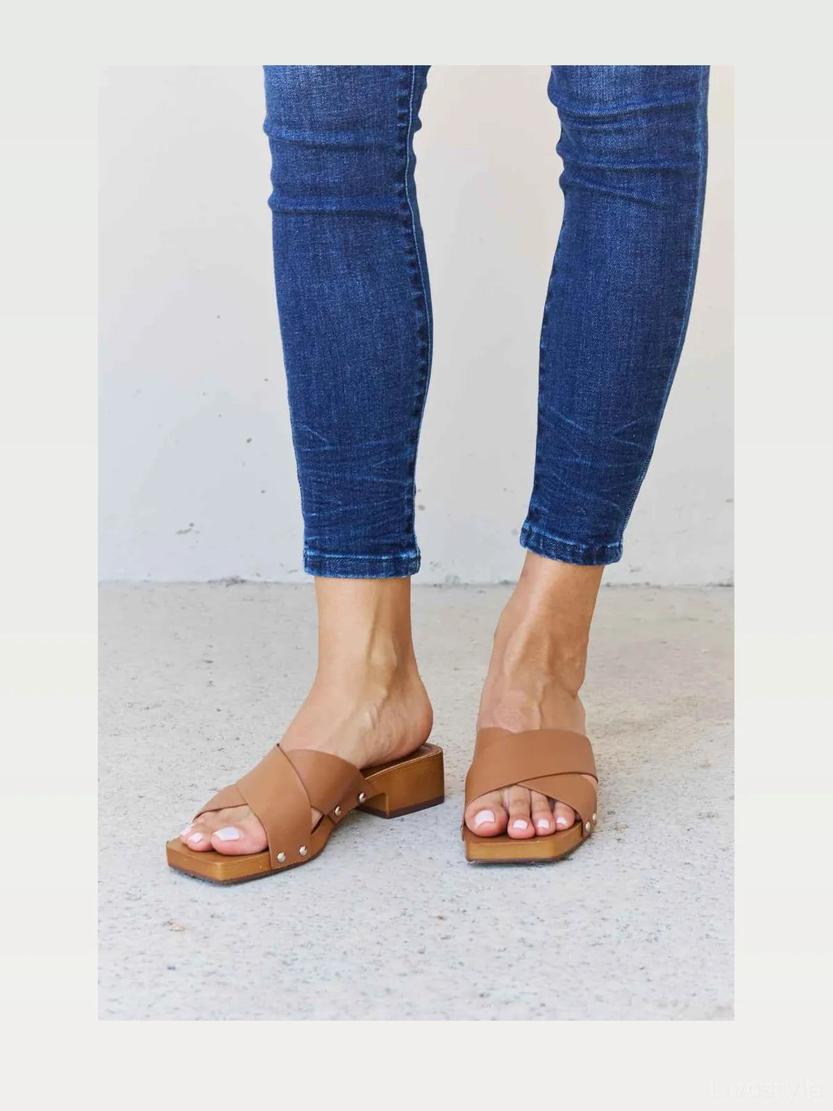 Step Into Summer Criss Cross Wooden Clog Mule in Brown — styled showcase — Livostyle