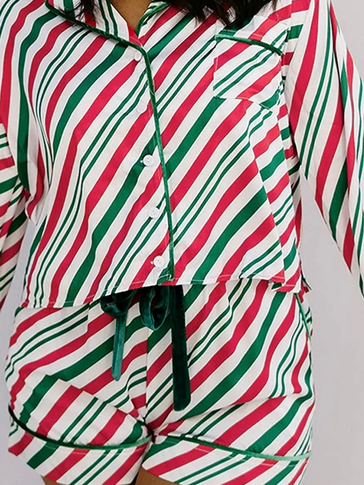Stripe Contrast Velvet Ribbon Knot Christmas 2pcs Pajama Set — detail view — Livostyle