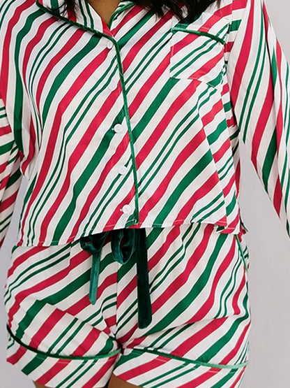 Stripe Contrast Velvet Ribbon Knot Christmas 2pcs Pajama Set — detail view — Livostyle