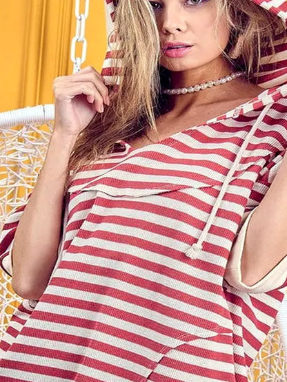 Stylish Stripe Fleece Short Sleeve Hoodie with Notch Neck — detail view — Livostyle