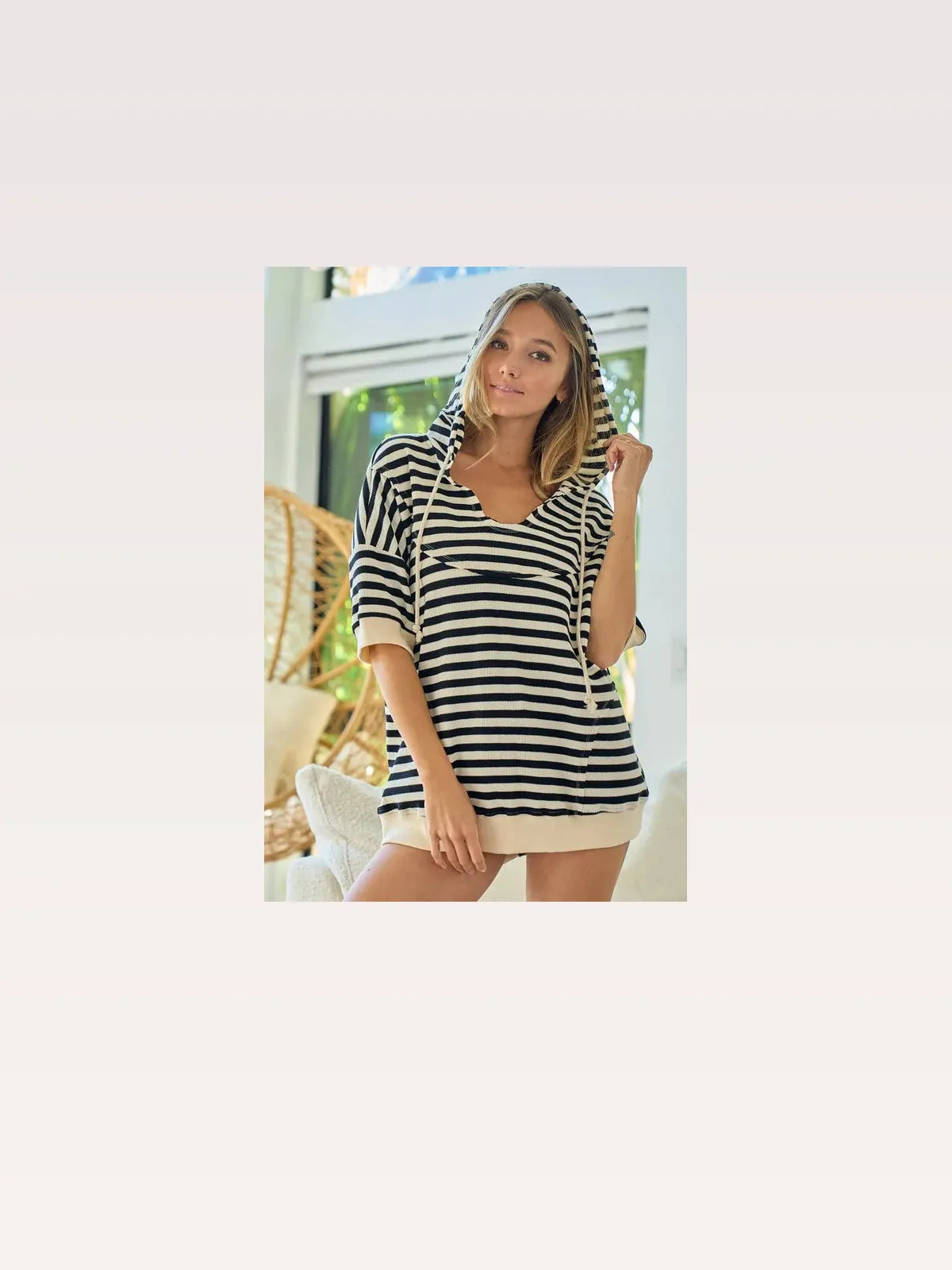 Striped Fleece Short Sleeve Notch Neck Hoodie with Drawstring Hood – photo 2