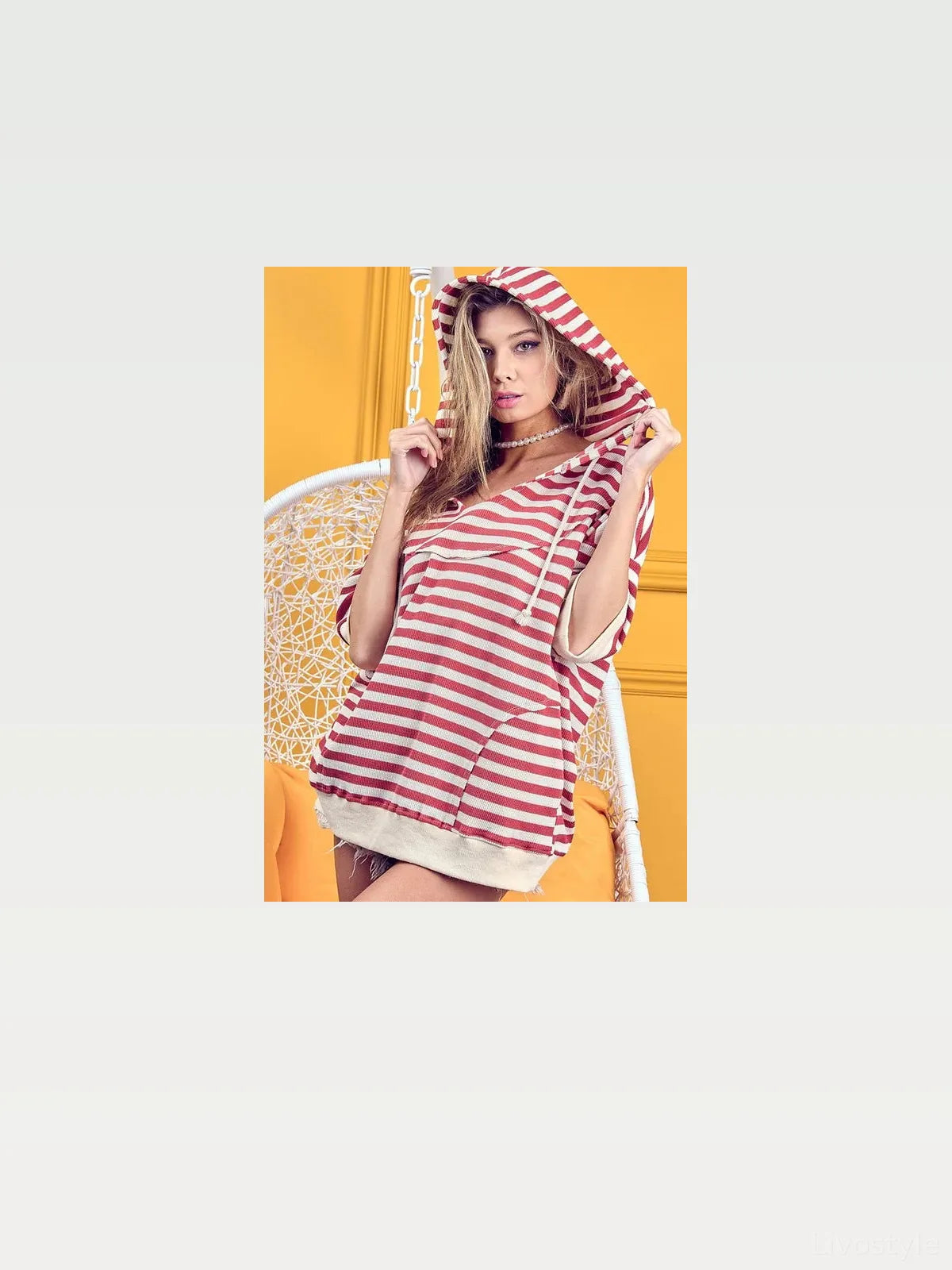 Stylish Stripe Fleece Short Sleeve Hoodie with Notch Neck — styled showcase — Livostyle