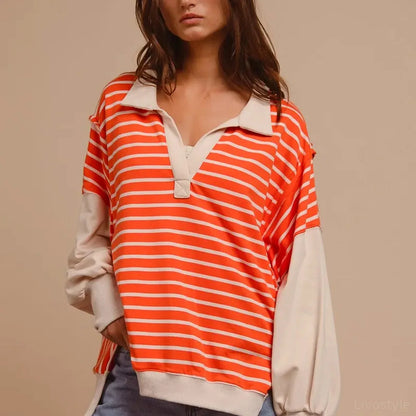 Classic Striped Loose Fit Knit Top with Unique Cut Edge Deta — square view — Livostyle