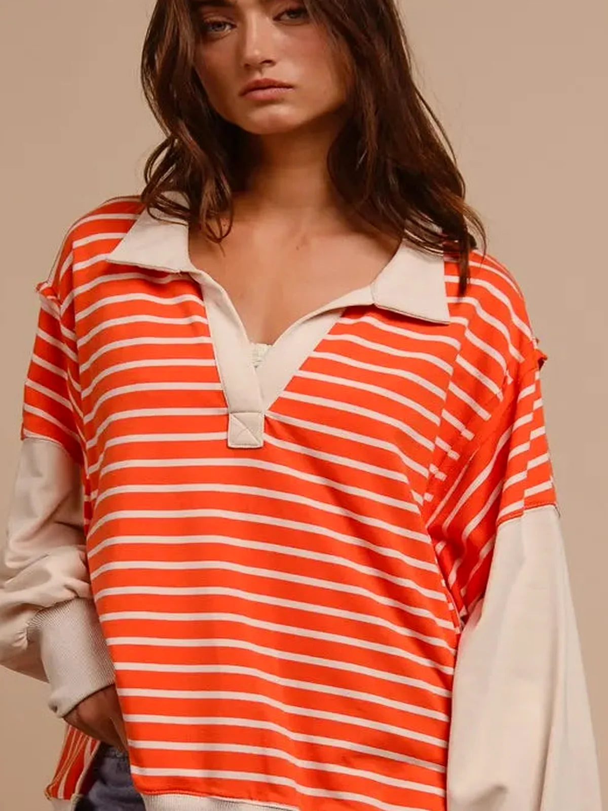 Classic Striped Loose Fit Knit Top with Unique Cut Edge Deta — detail view — Livostyle