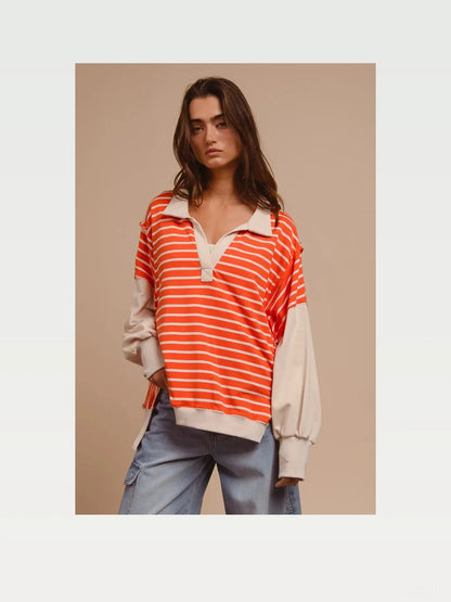 Classic Striped Loose Fit Knit Top with Unique Cut Edge Deta — styled showcase — Livostyle