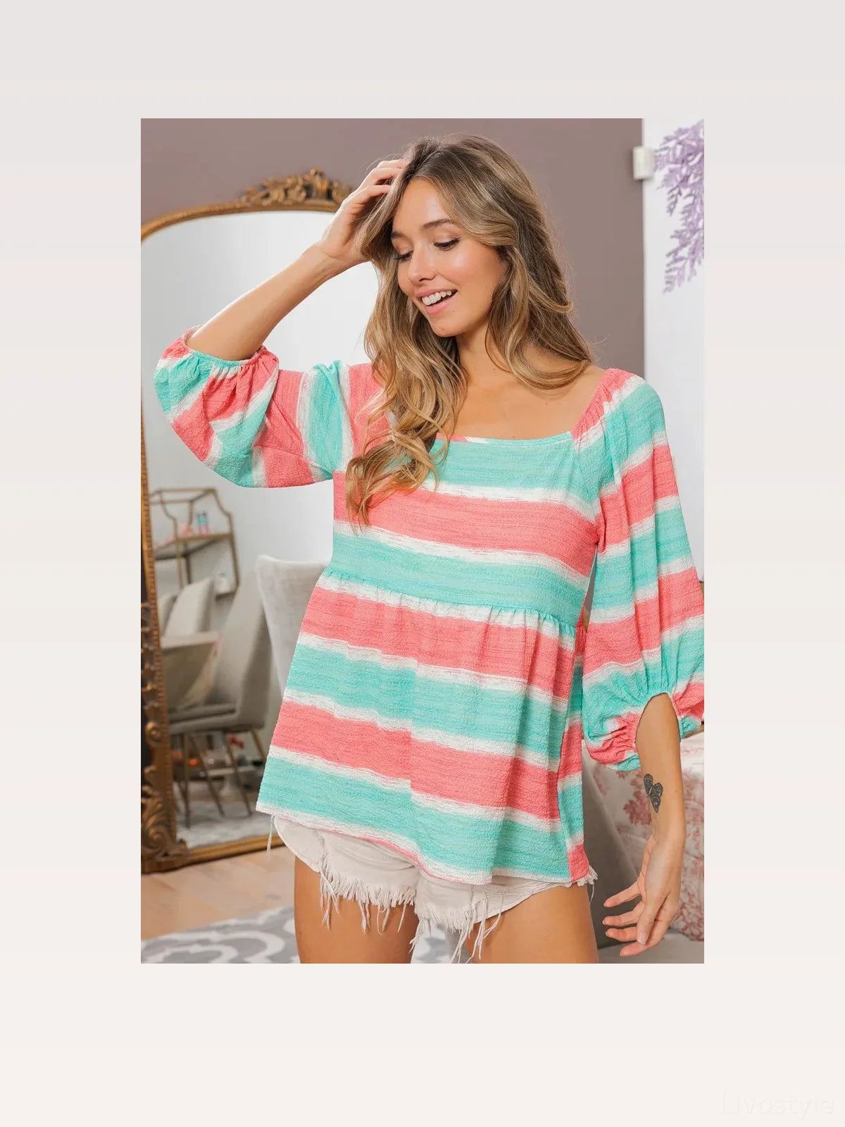 Striped Top with Balloon Sleeves – photo 2
