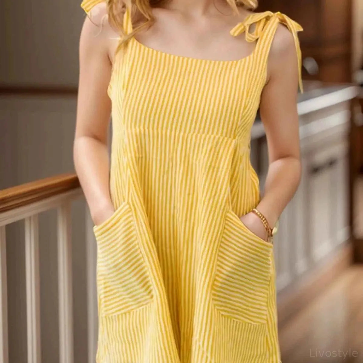 Stripe Shoulder Tie Smocked Back Casual Romper — square view — Livostyle