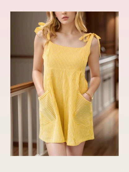 Stripe Shoulder Tie Smocked Back Casual Romper — styled showcase — Livostyle