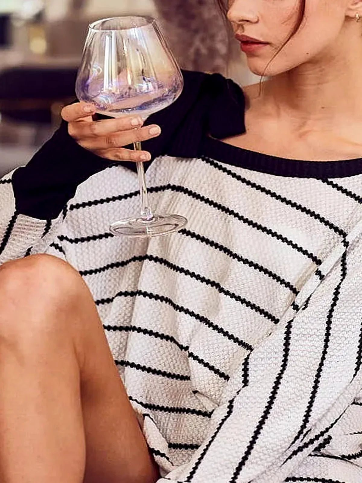 Stylish One-Shoulder Ribbon Detail Waffle Stripe Top — detail view — Livostyle