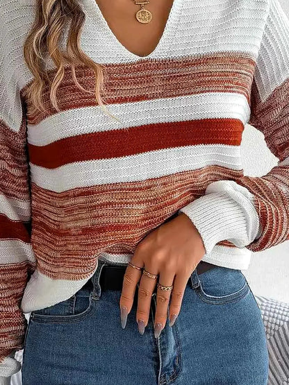 Terracotta Sky Blue V-Neck Striped Collared Long Sleeve Swea — detail view — Livostyle
