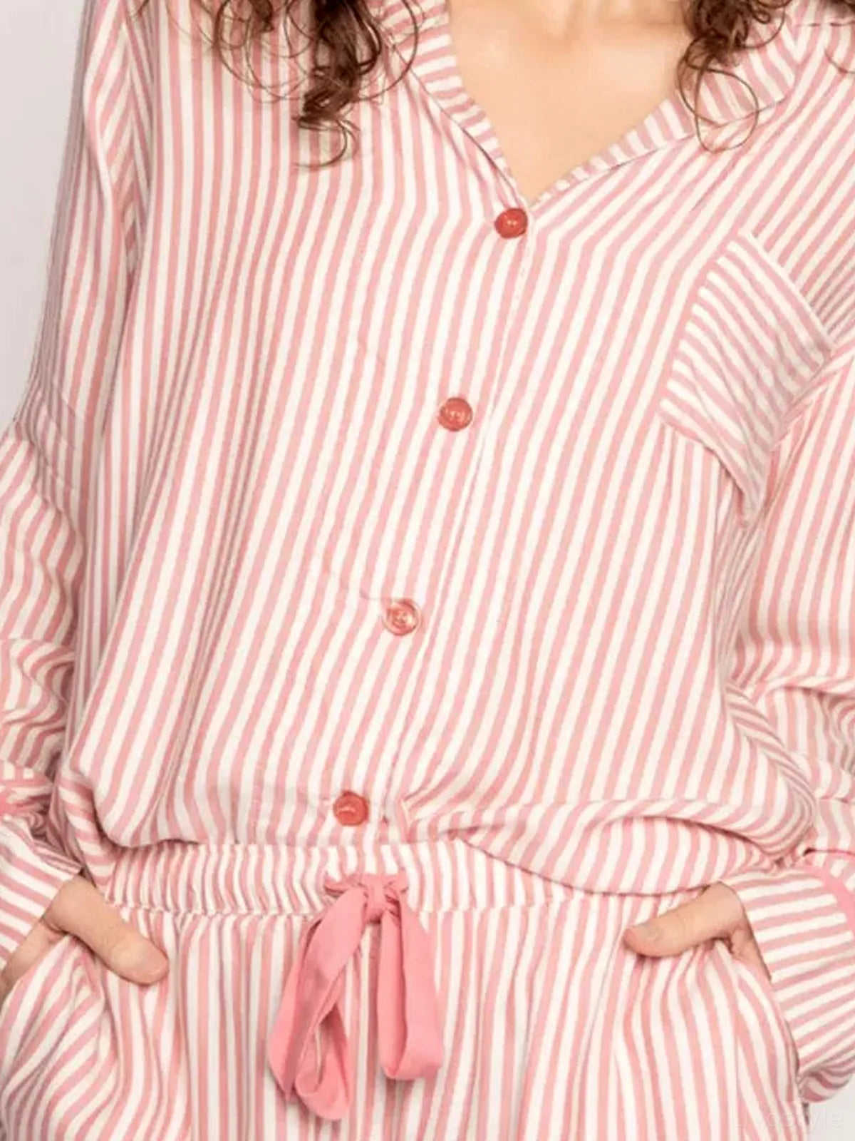 Striped Collared Neck Long Sleeve Top and Shorts Lounge Set — detail view — Livostyle