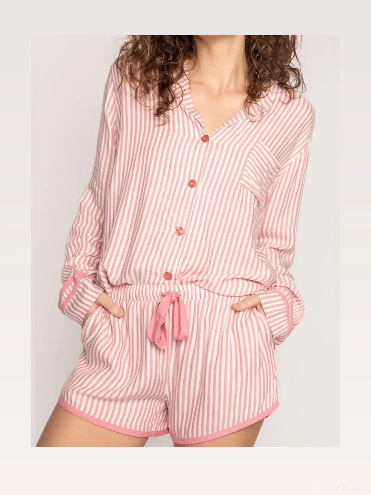 Striped Collared Neck Long Sleeve Top and Shorts Lounge Set — styled showcase — Livostyle