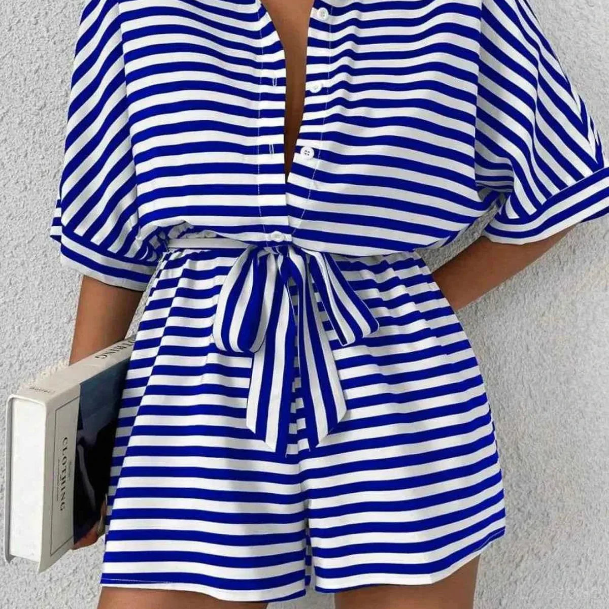 Striped Collared Neck Tie Waist Romper — square view — Livostyle
