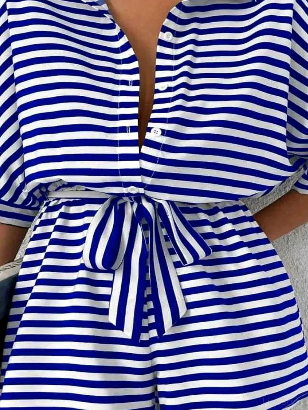 Striped Collared Neck Tie Waist Romper — detail view — Livostyle