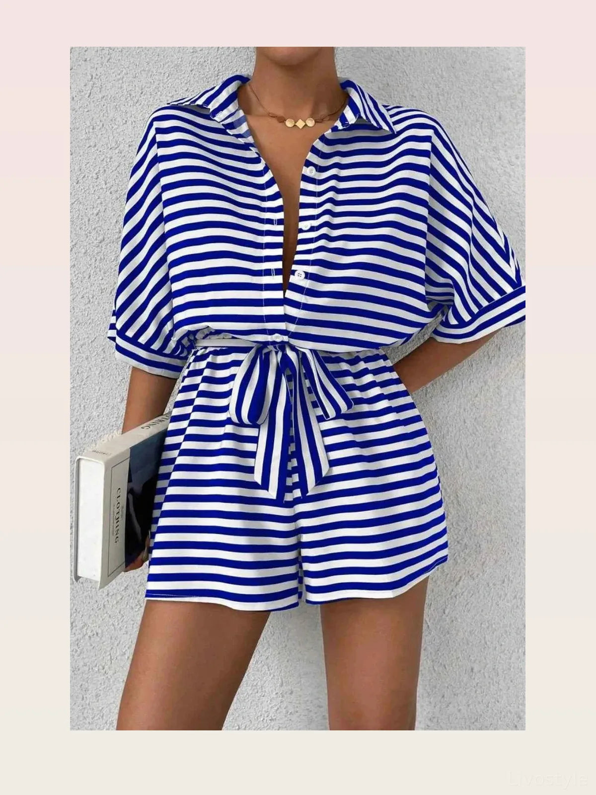 Striped Collared Neck Tie Waist Romper — styled showcase — Livostyle