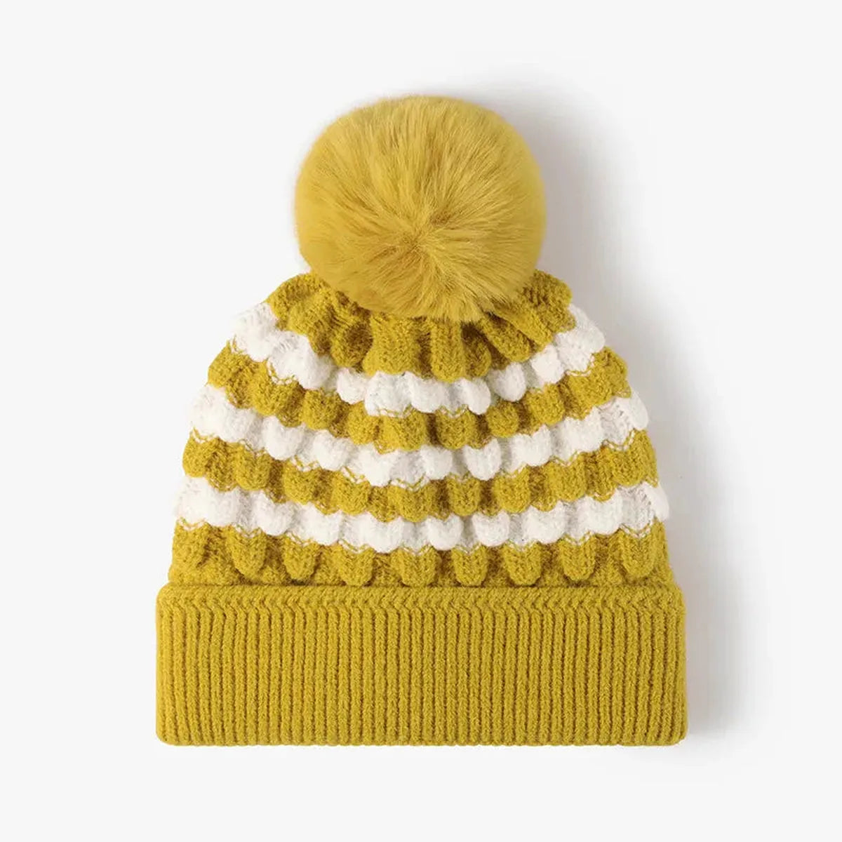 Striped Contrast Knit Hat with Pom-pom — square view — Livostyle