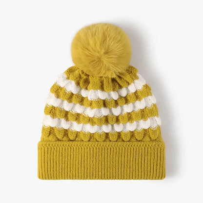 Striped Contrast Knit Hat with Pom-pom — square view — Livostyle