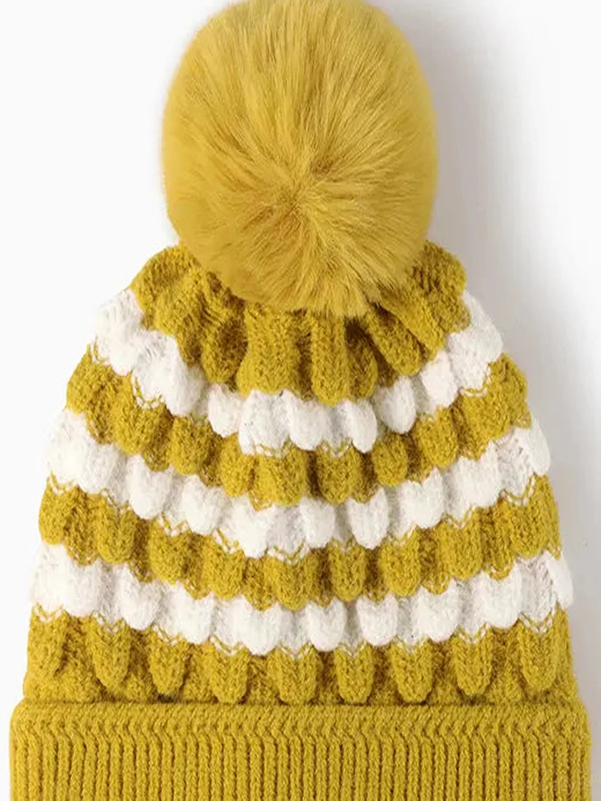 Striped Contrast Knit Hat with Pom-pom — detail view — Livostyle