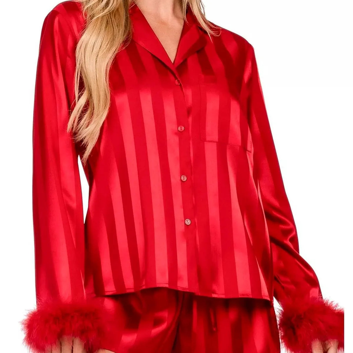 Striped Feather Trim Shirt and Shorts Lounge Set — square view — Livostyle