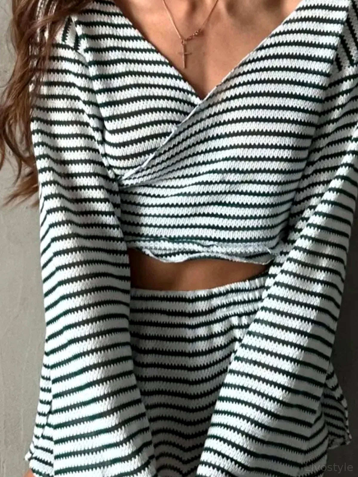 Striped Long Sleeve Top and Shorts Set — detail view — Livostyle