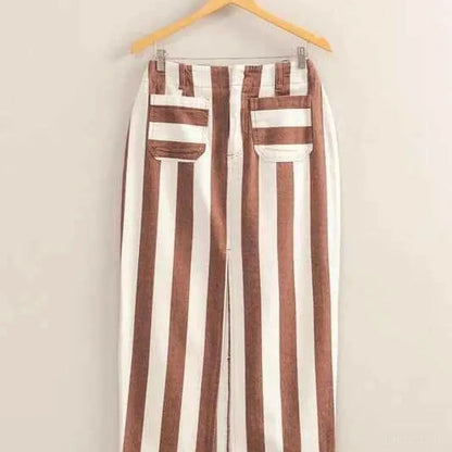 Striped Pocket Detail Maxi Skirt in BROWN/CREAM — square view — Livostyle