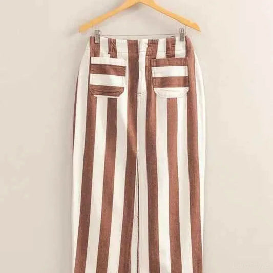 Striped Pocket Detail Maxi Skirt in BROWN/CREAM — square view — Livostyle