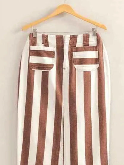 Striped Pocket Detail Maxi Skirt in BROWN/CREAM — detail view — Livostyle