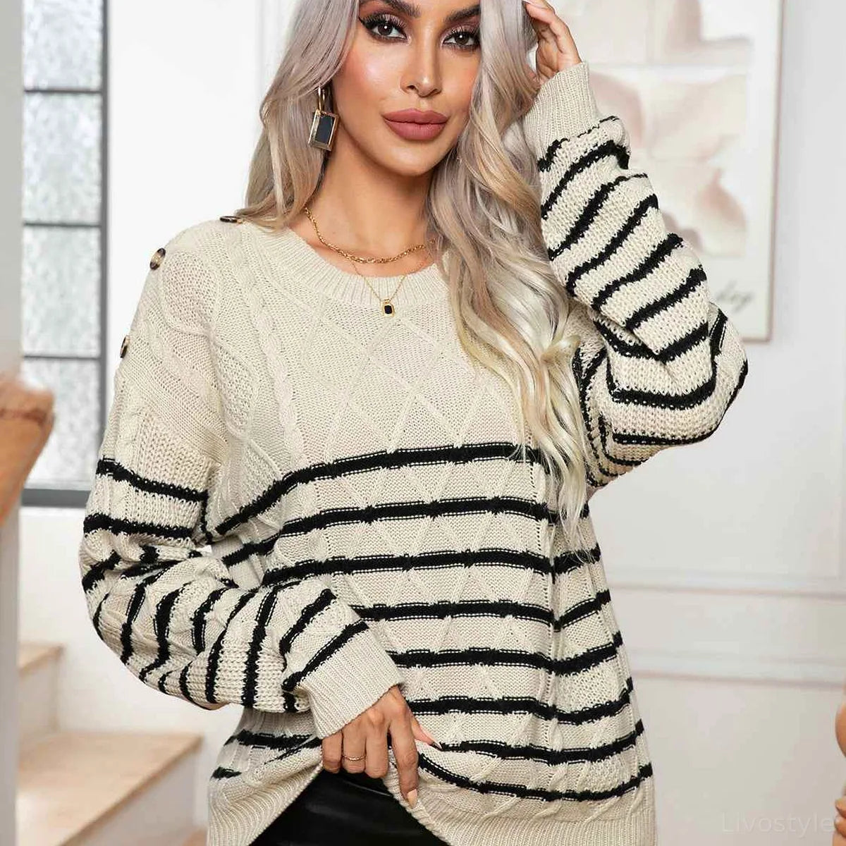 Striped Round Neck Cable-Knit Sweater — square view — Livostyle
