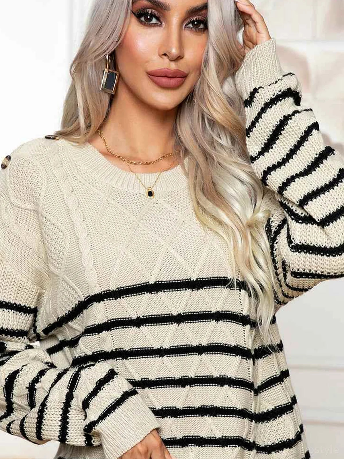 Striped Round Neck Cable-Knit Sweater — detail view — Livostyle