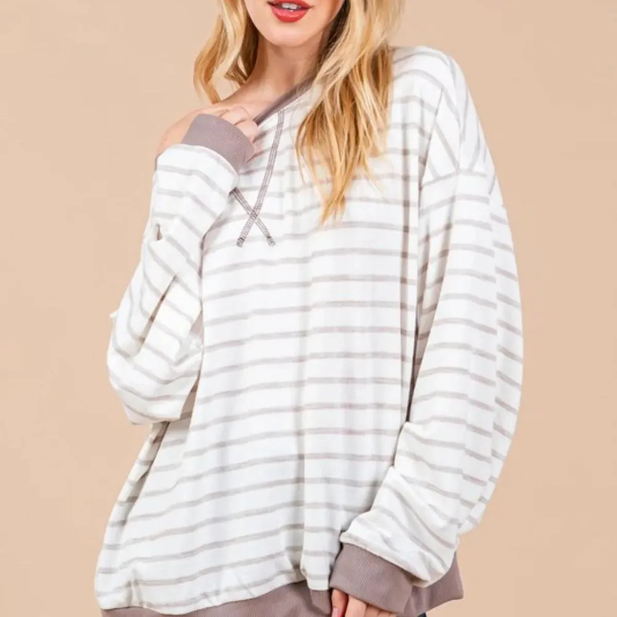 Chic Striped Sweatshirt with Drop Shoulder Design — square view — Livostyle