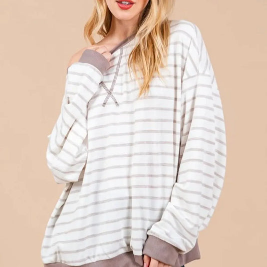 Chic Striped Sweatshirt with Drop Shoulder Design — square view — Livostyle