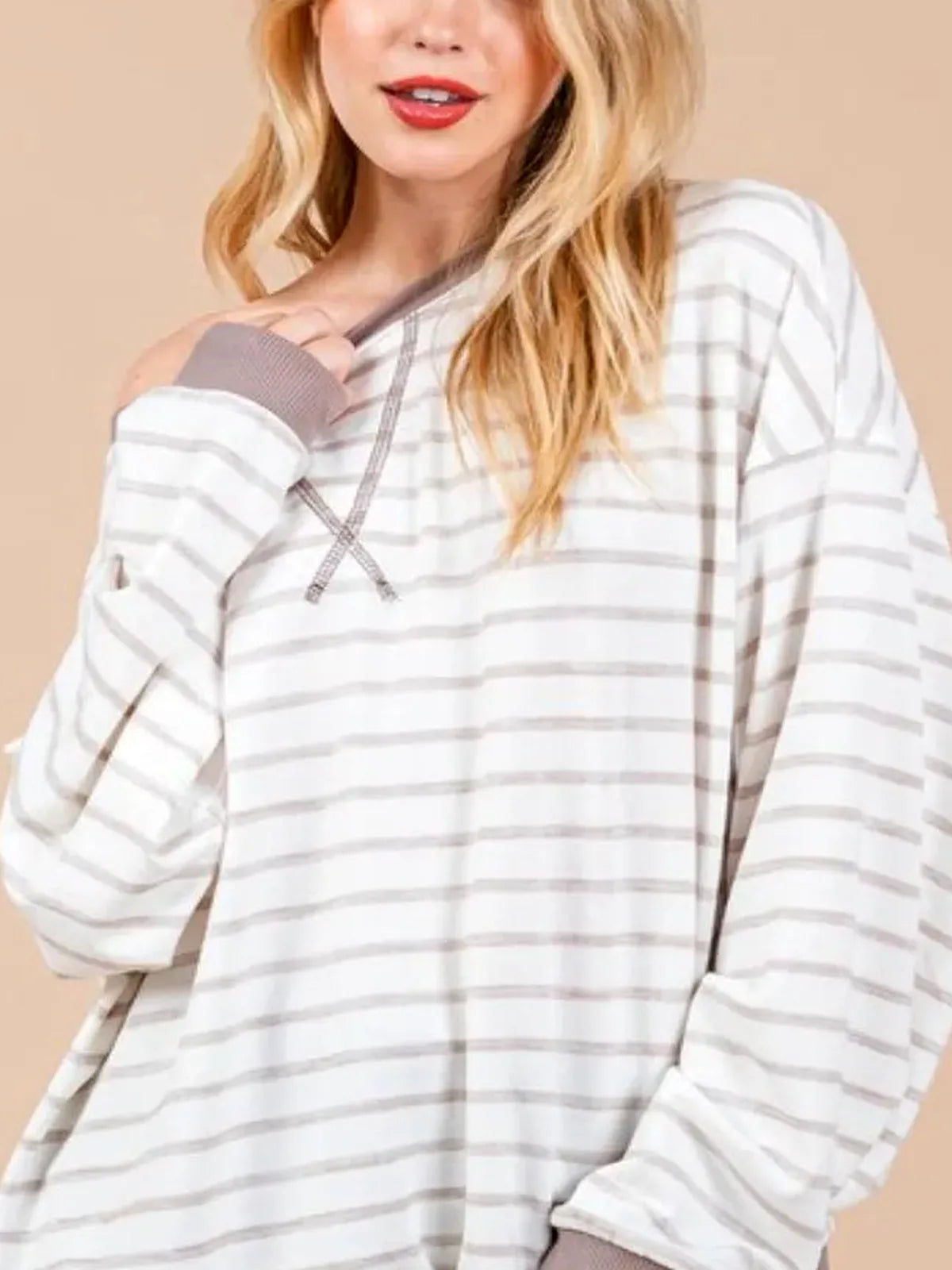 Chic Striped Sweatshirt with Drop Shoulder Design — detail view — Livostyle