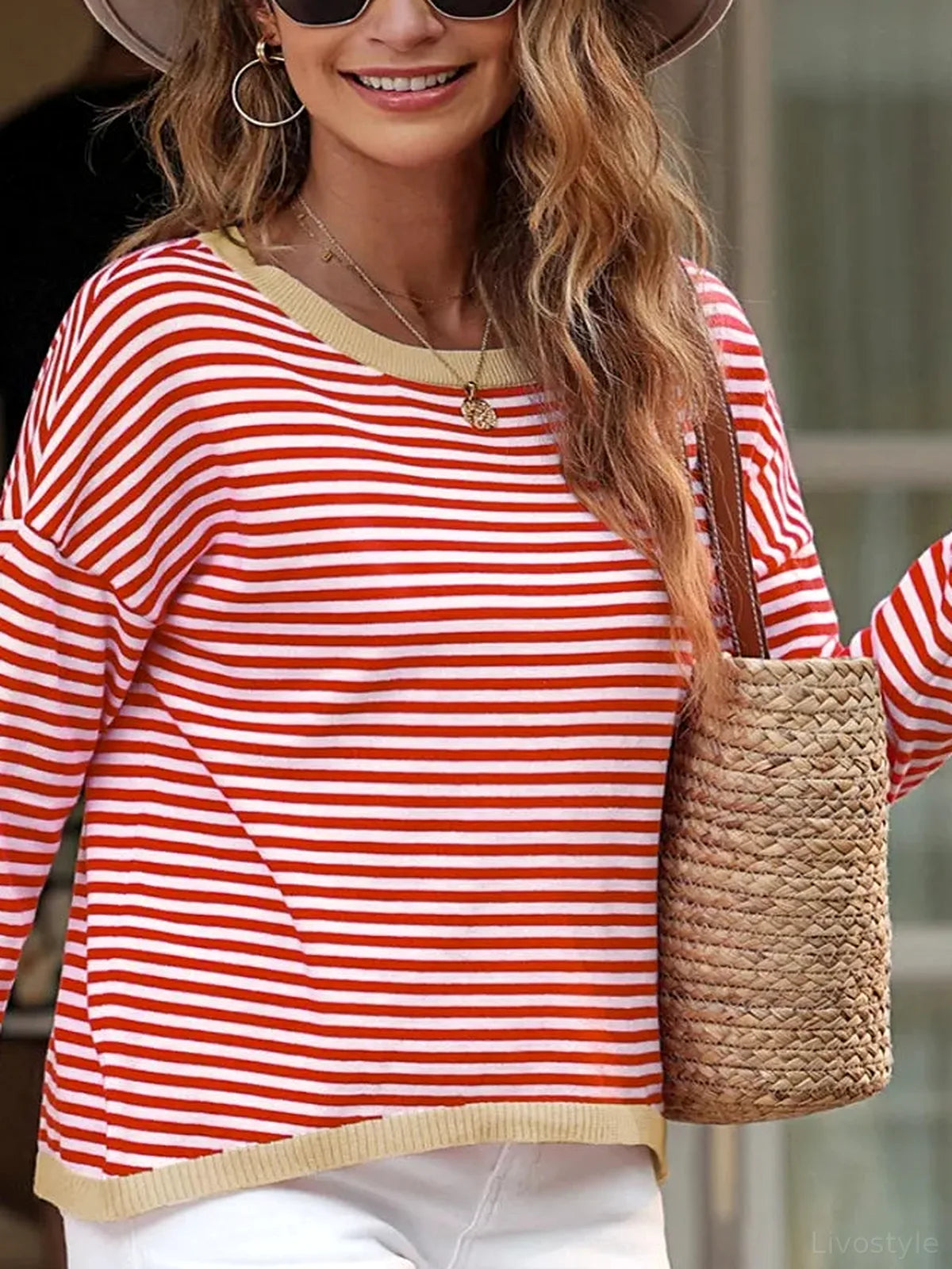 Striped Round Neck Drop Shoulder T-Shirt — detail view — Livostyle