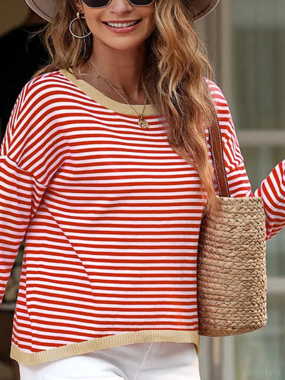 Striped Round Neck Drop Shoulder T-Shirt — detail view — Livostyle