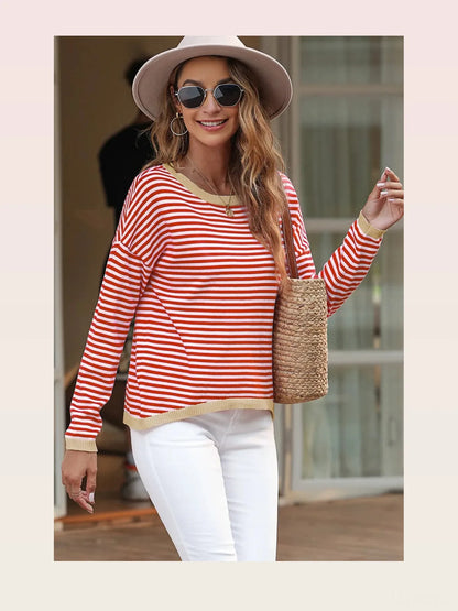 Striped Round Neck Drop Shoulder T-Shirt — styled showcase — Livostyle