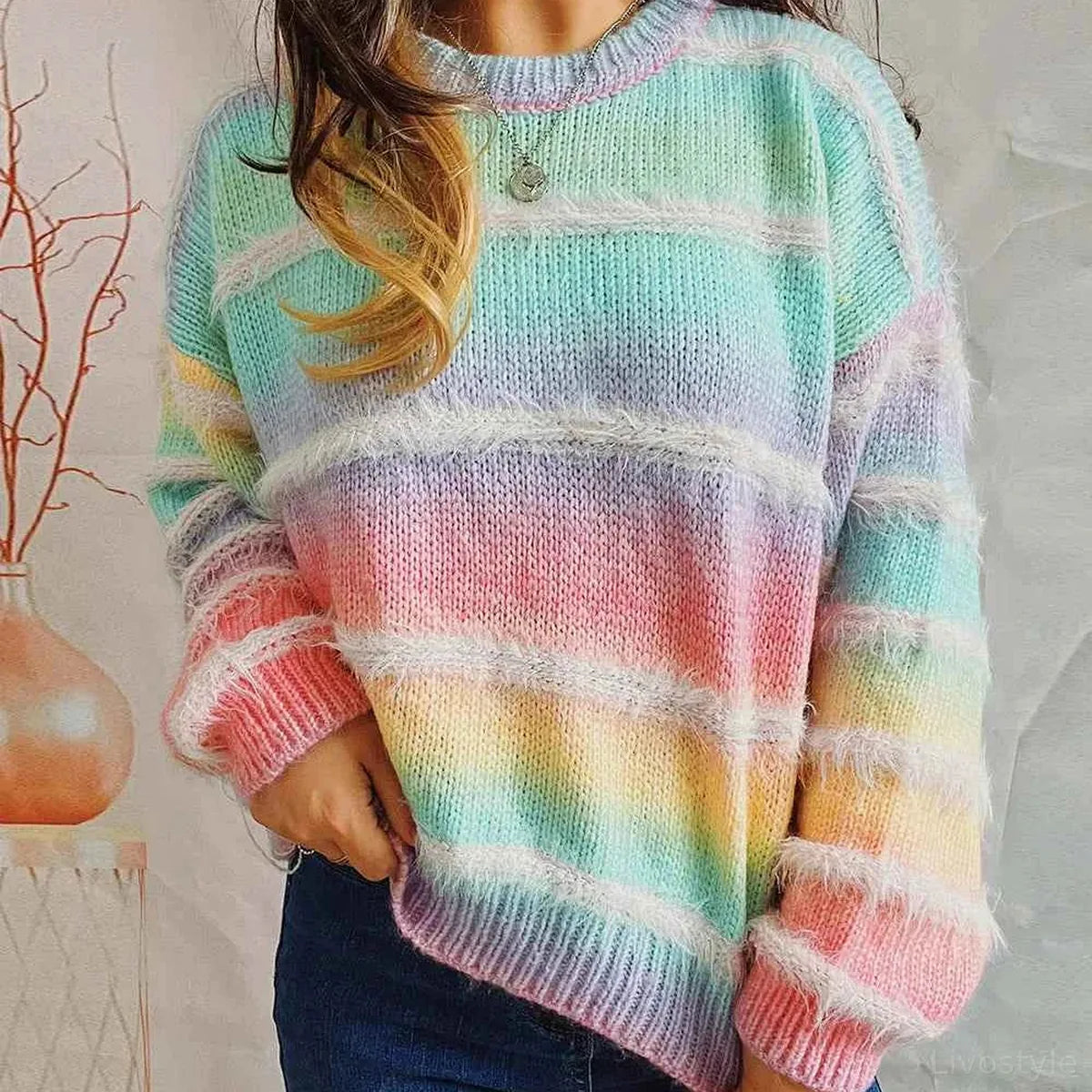 Multicolor Pastel Rainbow Striped Round Neck Long Sleeve Swe — square view — Livostyle