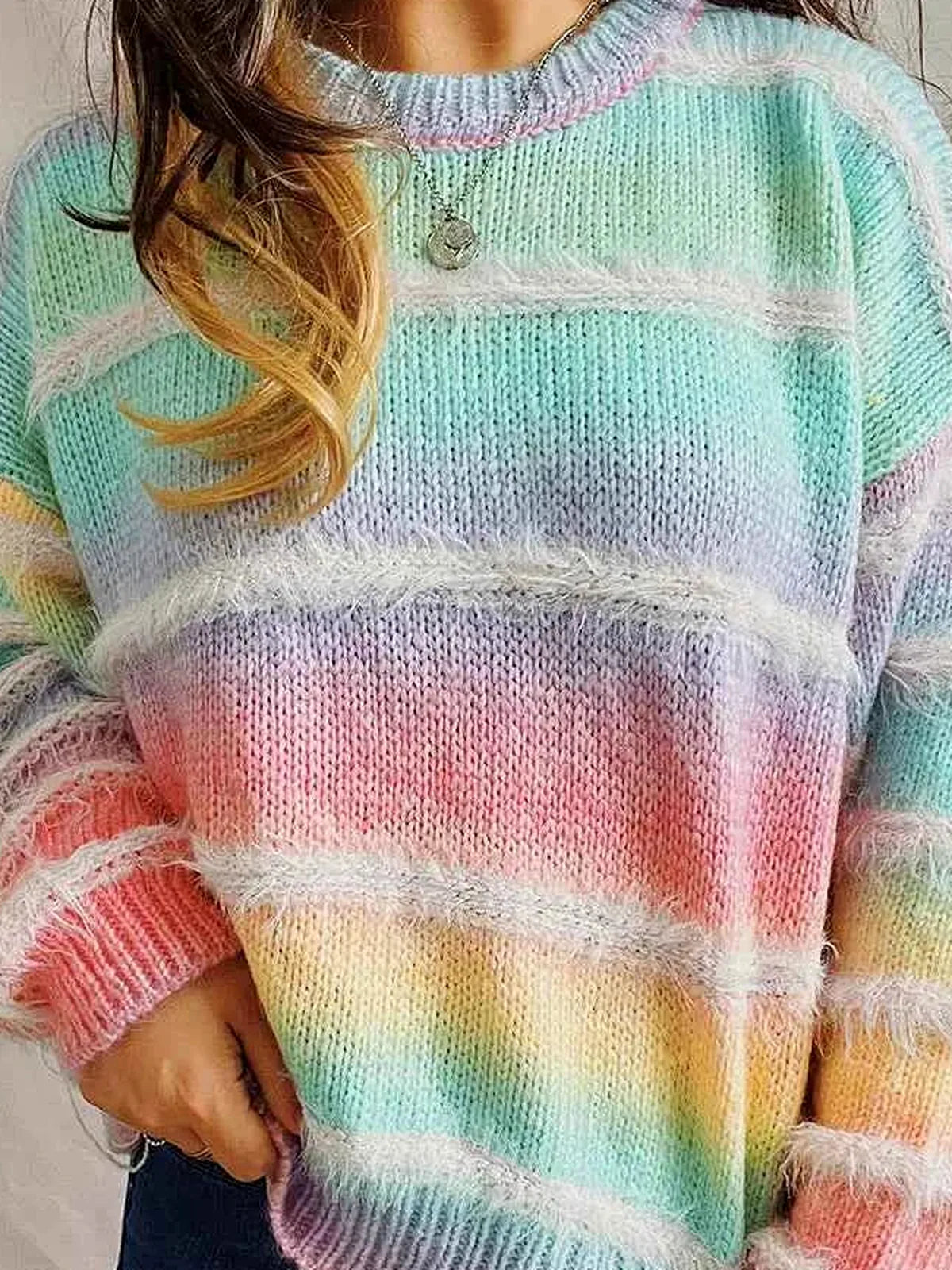Multicolor Pastel Rainbow Striped Round Neck Long Sleeve Swe — detail view — Livostyle