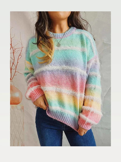 Multicolor Pastel Rainbow Striped Round Neck Long Sleeve Swe — styled showcase — Livostyle