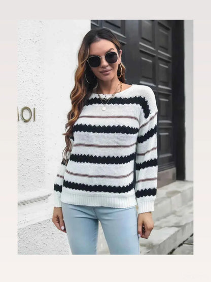 Striped Round Neck Long Sleeve Sweater — styled showcase — Livostyle