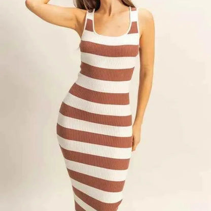 Striped Scoop Neck Wide Strap Knit Dress — square view — Livostyle