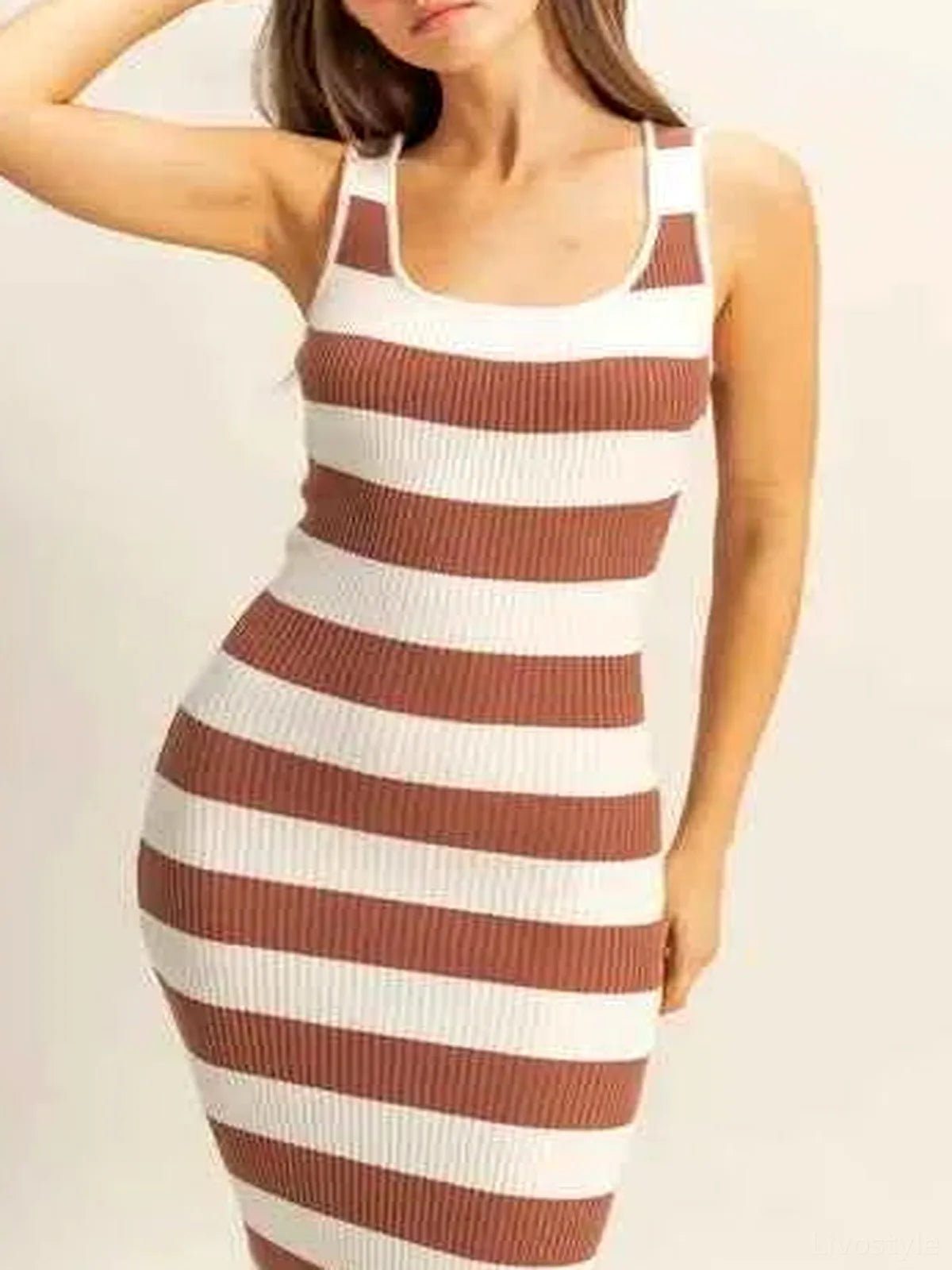 Striped Scoop Neck Wide Strap Knit Dress — detail view — Livostyle