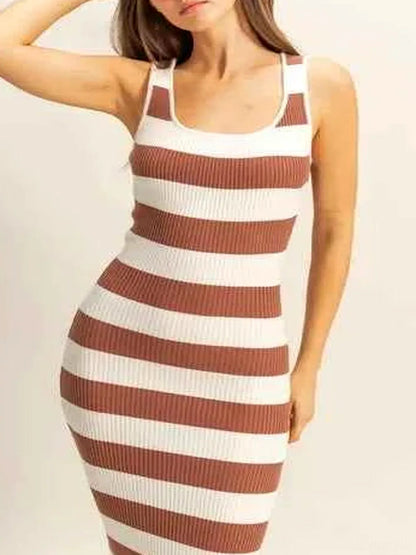 Striped Scoop Neck Wide Strap Knit Dress — detail view — Livostyle