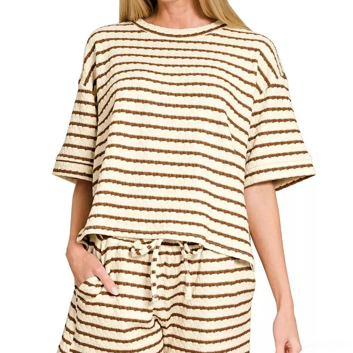 Striped Short Sleeve Tee & Shorts Set in BROWN — square view — Livostyle