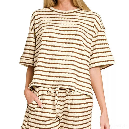 Striped Short Sleeve Tee & Shorts Set in BROWN — square view — Livostyle