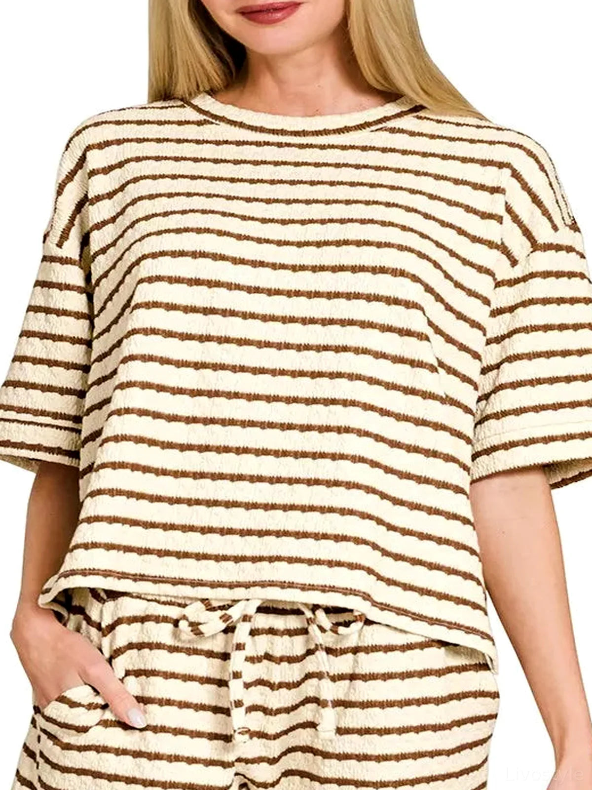 Striped Short Sleeve Tee & Shorts Set in BROWN — detail view — Livostyle
