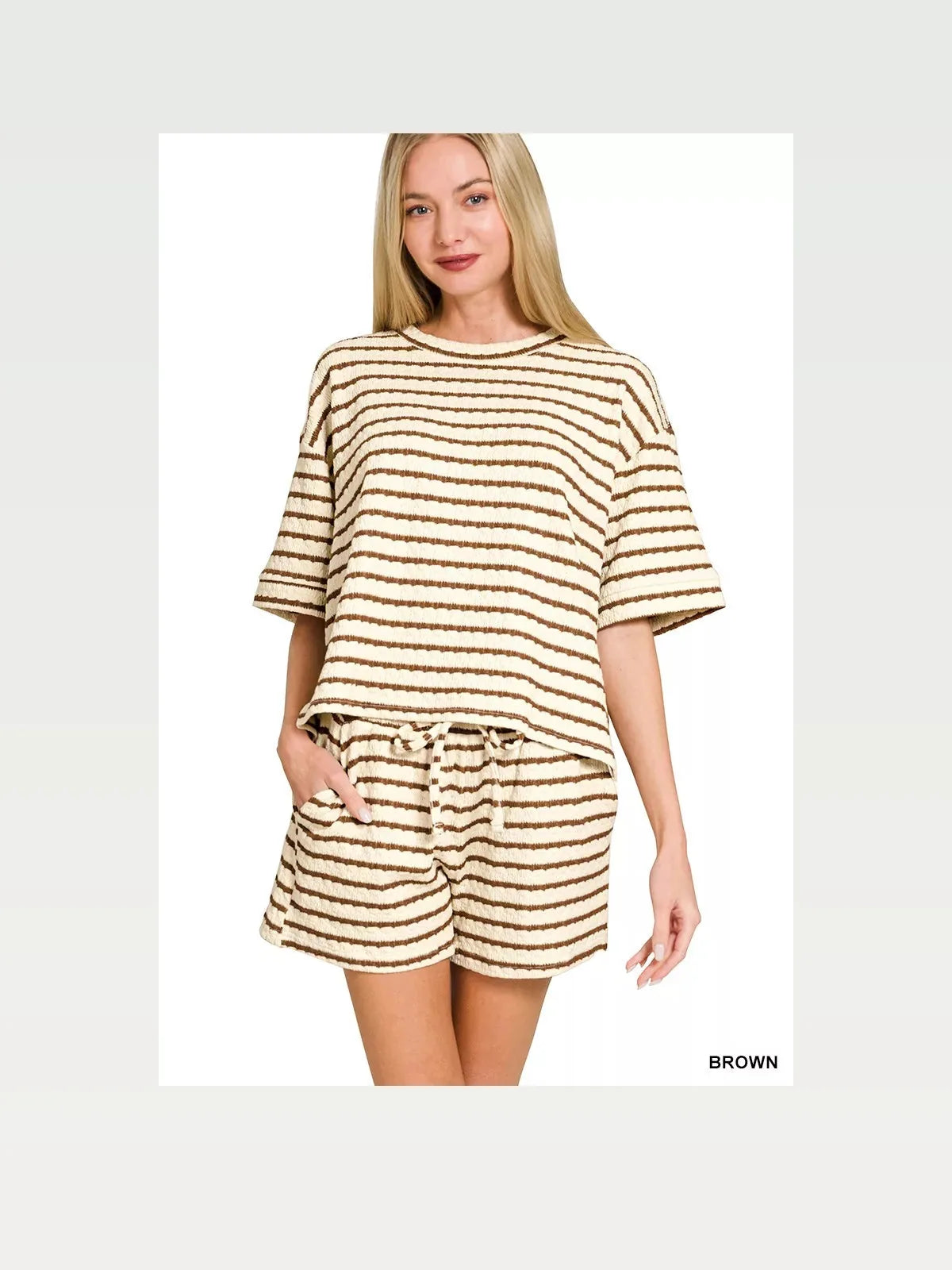 Striped Short Sleeve Tee & Shorts Set in BROWN — styled showcase — Livostyle