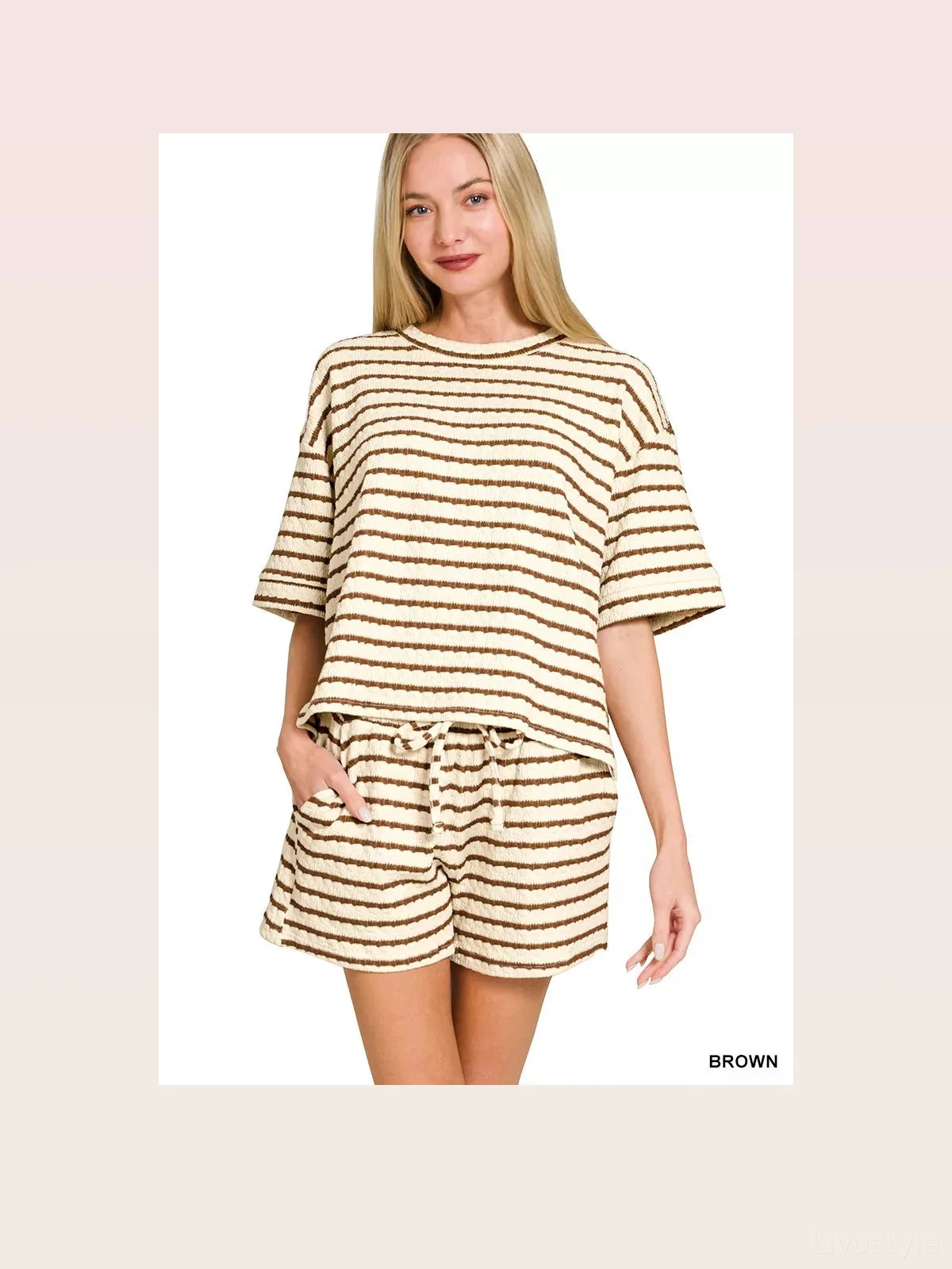 Striped Short Sleeve Tee & Shorts Set in BROWN — styled showcase — Livostyle
