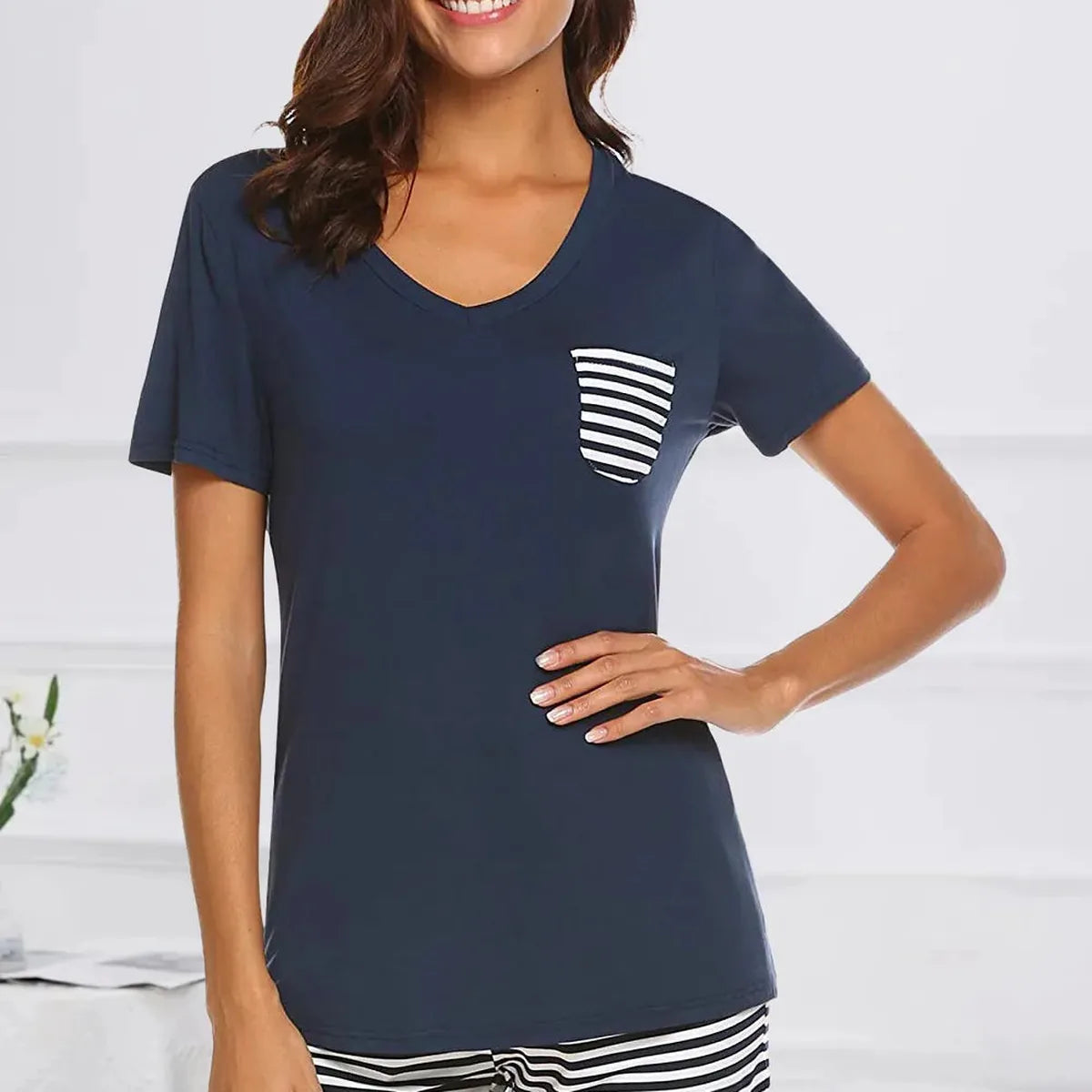 Striped Short Sleeve Top and Shorts Lounge Set — square view — Livostyle